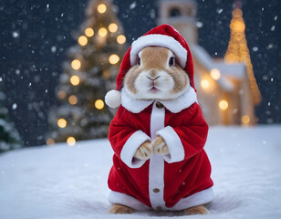 Little tiny bunny dressed up as Santa Claus on snowing, bunny Santa Claus on the snow, winter background