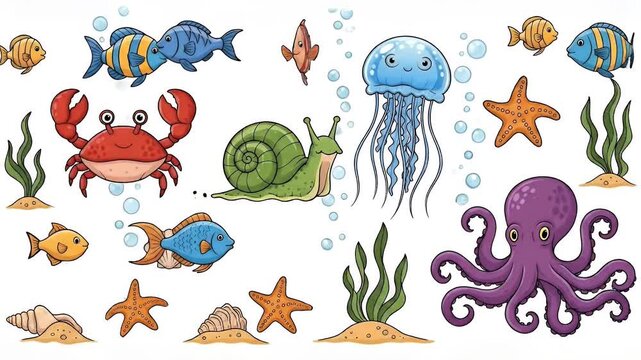 Cute Ocean Life Cartoon Collection with Fish Crab Jellyfish and Octopus