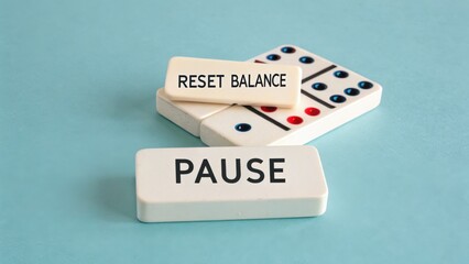 Dominoes with Reset and Pause message on blue surface