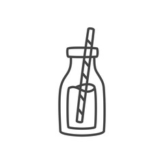 Cute juice bottle icon. Monochrome doodle illustration of glass bottle with beverage and striped straw. Kawaii sticker. Vector 10 EPS.