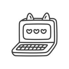 Cute laptop icon. Monochrome doodle illustration of a funny notebook decorated with cat ears. Kawaii sticker. Vector 10 EPS.