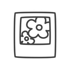 Cute photo icon. Monochrome doodle illustration of mini instant photo showing floral motif. Kawaii sticker. Vector 10 EPS.