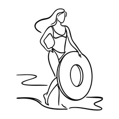 Obraz premium Vacaciones de verano. Dibujo sencillo de mujer en bikini de pie en una piscina o el mar con flotador inflable con líneas