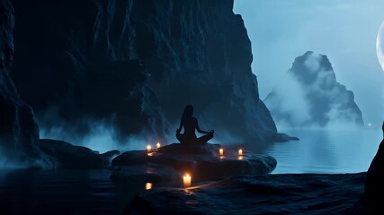 Fitness. Exercise. New Year resolution. Healthy lifestyle theme. A tranquil, serene depiction of a woman meditating amidst a misty, mountainous landscape under a large, luminous moon.