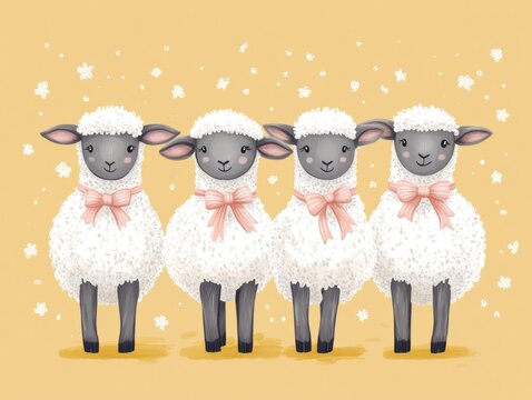 Cute sheep illustration featuring four adorable lambs with soft wool and pink bows, standing in a row on a warm pastel background. Hand-drawn cartoon style with a gentle, cozy mood. Perfect for childr