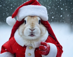 Little tiny bunny dressed up as Santa Claus on snowing, bunny Santa Claus on the snow, winter background