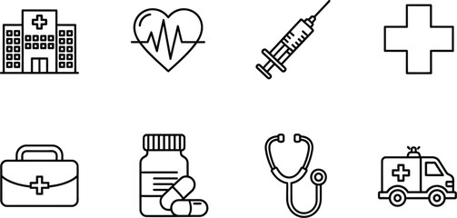 Medical icons including hospital heart syringe cross first aid kit pills stethoscope ambulance on transparent background silhouette © Jesmin