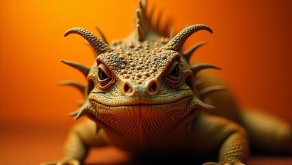 A close-up shot of a spiky bearded dragon lizard in a warm orange environment viewed from a low angle