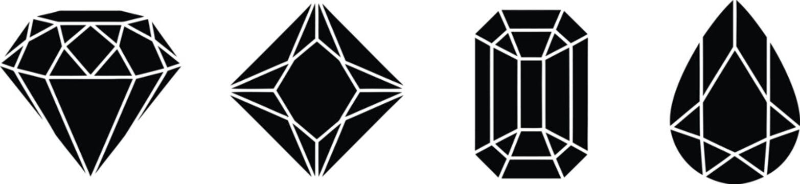 Four black diamond shapes in different cuts on transparent background silhouette