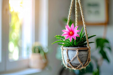 ピンクの花が咲いた観葉植物のポット