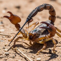 Close-up of a menacing scorpion with raised stinger ready to strike.