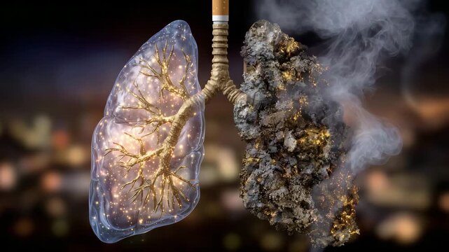 340Detailed medical illustration of lung health, left lung vibrant and clean, right lung darkened with tar deposits, cigarette dividing the two halves, soft lighting highlighting text