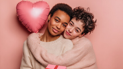 Two women are enjoying Valentine's Day together, smiling and embracing in front of a pink background.