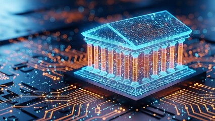 A futuristic 3d rendering of a building with columns on a circuit board with orange and blue lights