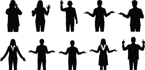 Obraz premium Set of business people silhouettes, men and women gesturing, pointing, and waving, isolated black vector illustration on white background.