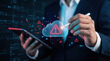 Business person using stylus to interact with glowing cloud data alert on dark tech backgr