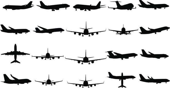 Collection of various airplane silhouettes on transparent background