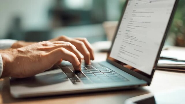 Closeup of hands navigating a cloudbased document management system on a laptop emphasizing efficient ecofriendly paperless workflow in a modern workspace.