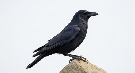 Obraz premium Black Crow Perched on Rock Outdoors.