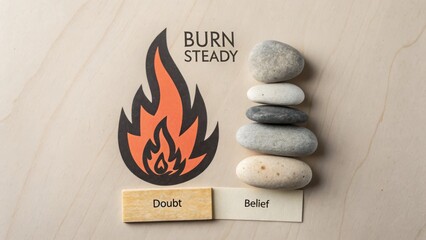 Fire cutout and balanced stones representing belief over doubt