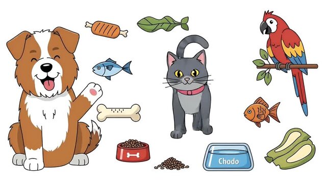 Cute Cartoon Dog Cat Parrot Fish and Food Assortment Illustration
