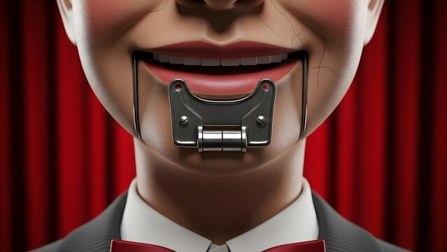 Close up of a ventriloquist dummy mouth mechanism showing control wires against a dramatic red curtain backdrop.