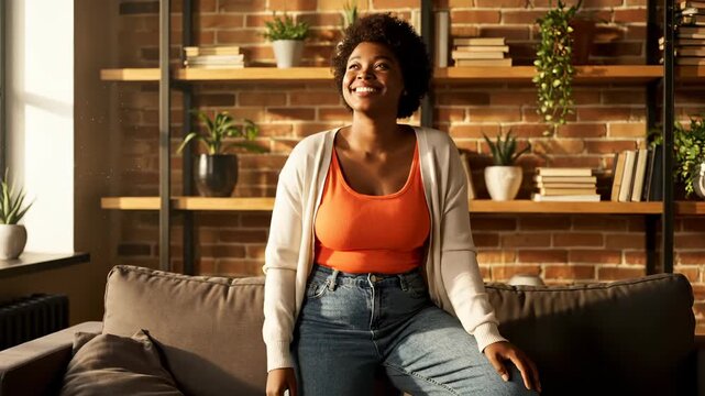 Woman tries buttoning tight jeans while sitting on couch at home. Happy female struggles with jean button in living room. Woman attempts closing jeans on sofa. Tight fit denim challenge at home.