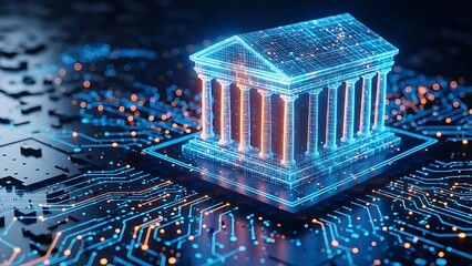 A futuristic 3d rendering of a building with columns on a circuit board with blue and orange lights