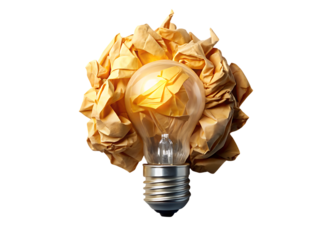 Light Bulb Surrounded by Crumpled Paper on white background isolated on a transparent background idea