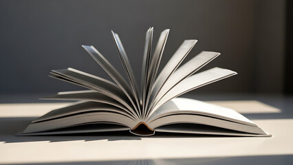 Open book with pages spread in a wide fan shape on white surface under natural light. Concept for literature, education, knowledge, storytelling, and library archives for students and readers.
