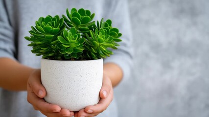 371Close-up of hands holding a small plant in a simple white pot, plain light gray background with soft gradient, minimal background with copy space, natural and sustainable lifestyle