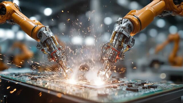 Robotic Arms Welding Circuit Board in High Tech Factory Precision, Innovation, and Sparks in Advanced Manufacturing Technology