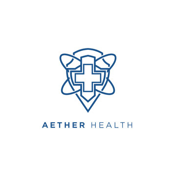 Aether Health Logo with Medical Cross and Abstract Design.