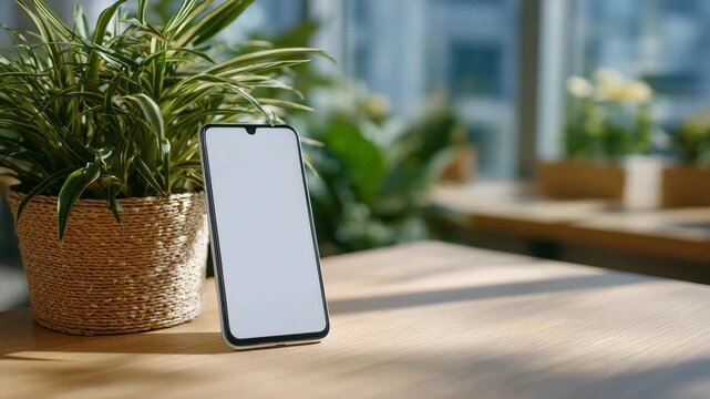374Detailed close-up of a smartphone lying on a blank desk, isolated composition, soft shadows, minimal background with copy space, technology mockup, and clean stock photography them