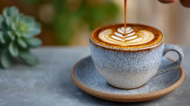 376Close-up of a single coffee cup with latte art on a neutral tabletop, blurred background creating empty space, minimal background with copy space, cozy and modern aesthetic, coffee