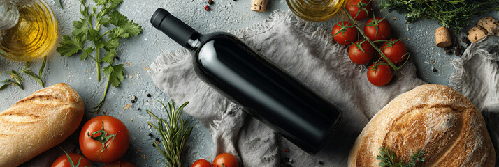 black wine bottle mockup on mediterranean table flatlay, wine bottle with bread and tomatoes overhead