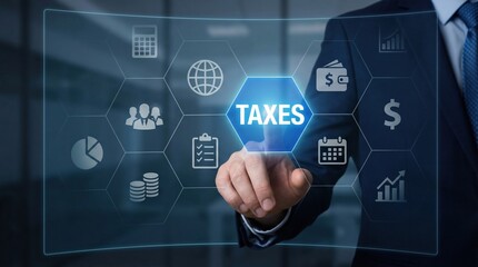 Businessman interacting with glowing taxes button on holographic screen with financial ico