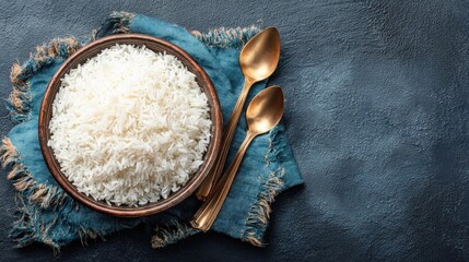 Cooked white grain served in a rustic bowl alongside two metallic serving implements on a dark textured surface