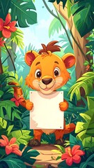 Cartoon lion cub smiles in a vibrant jungle, holding a blank white sign for customizable text/graphics