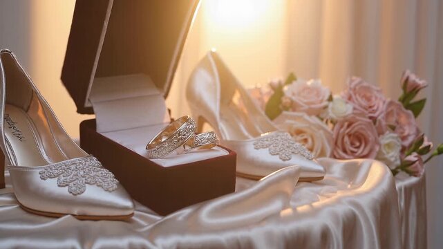Elegant wedding shoes rest beside a velvet box containing silver rings. Soft pink roses complement the scene, capturing the essence of love and celebration.
