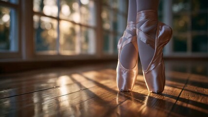 Delicate ballerina feet poised en pointe on a polished wooden studio floor, soft morning light streaming through tall windows, satin pointe shoes showing gentle wear, capturing yea