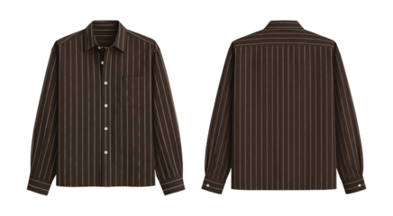 Dark Brown Pinstripe Long Sleeve Shirt for Men or Women, Front and Back Views Isolated on Transparent