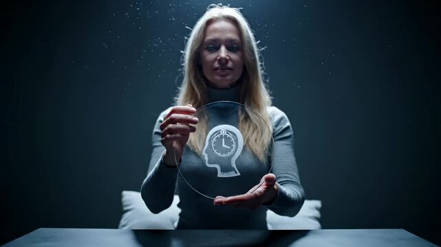 Woman holds glass disc displaying brain with clock symbol for time management. Female shows brain clock on transparent disc. Woman presents time concept with brain clock. Mind time symbol display.