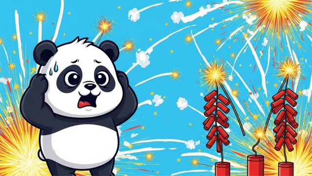 Cute panda covering ears from loud firecrackers