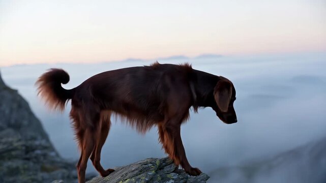 Majestic irish red setter stands proudly in misty golden hour field