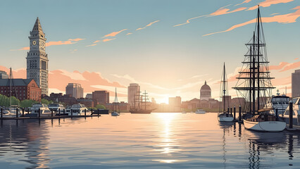 Naklejka premium A stylized landscape of the Boston Harbor waterfront featuring ships and the Custom House Tower at sunset
