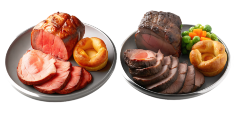 Roasted meats on white plates with Yorkshire pudding isolated on a transparent background sliced meat