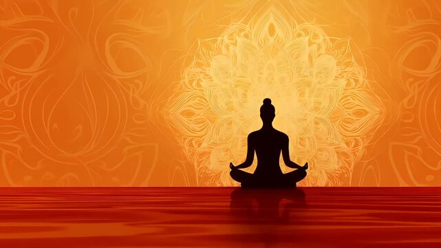 Fitness. Exercise. New Year resolution. Healthy lifestyle theme. A silhouette of a person in a meditative pose against a backdrop of swirling patterns.