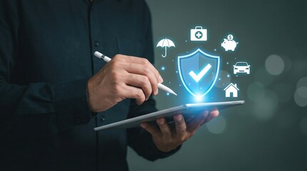 Professional man using a digital tablet for secure insurance solutions with glowing protec