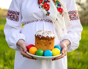 Woman in embroidered dress holds Easter bread and colorful eggs on a plate in a grassy outdoor setting